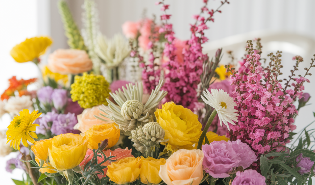 bouquet-fleurs-rose-jaune-yucca-achillee