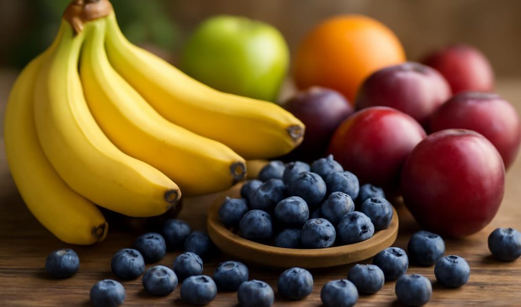 fruits-bananes-bleuets-brugnons-table-bois