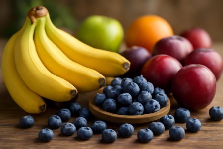 fruits-bananes-bleuets-brugnons-table-bois