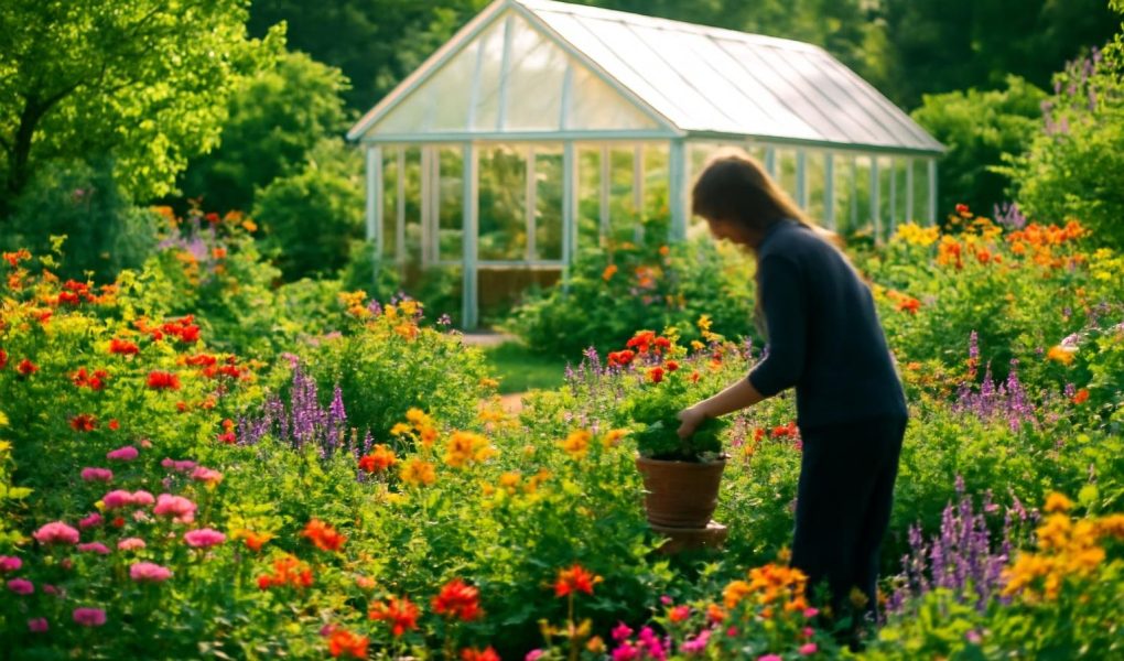 jardin-luxuriant-plantes-silhouette-serre-