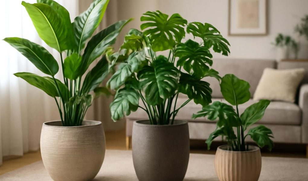 salon-elegant-plantes-artificielles-canape-moderne