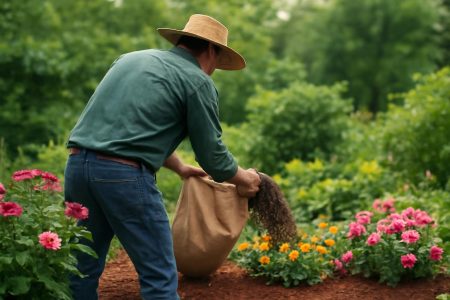 jardinier-paillis-plantes-fleuries-couleurs-vives