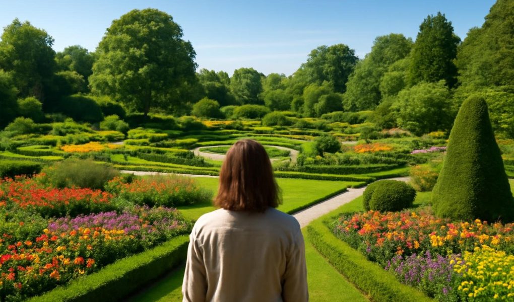 jardin-verdoyant-fleurs-etang-personne