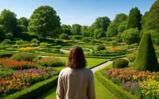 jardin-verdoyant-fleurs-etang-personne