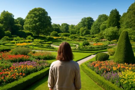 jardin-verdoyant-fleurs-etang-personne