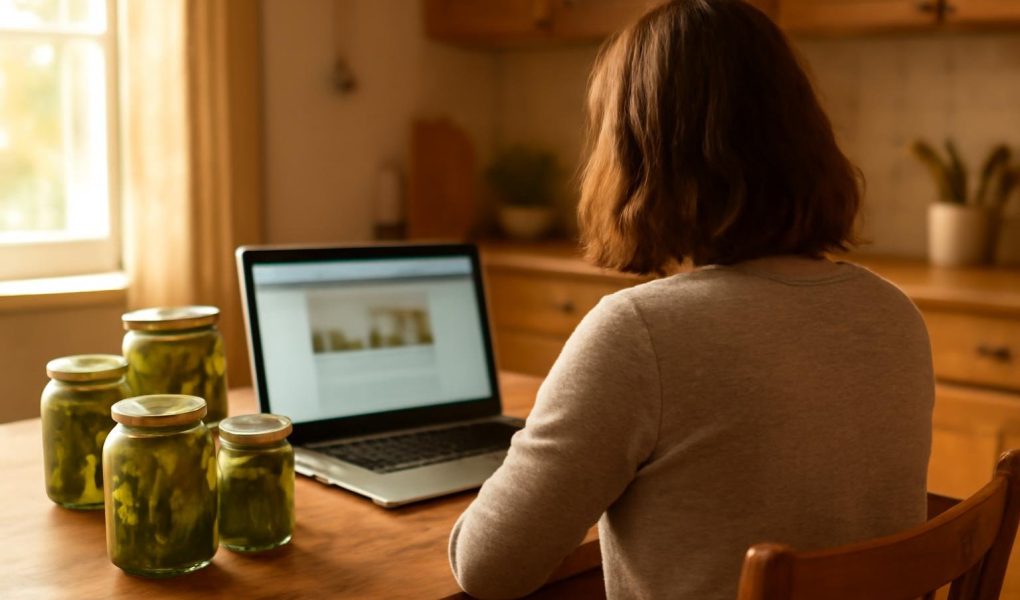 personne-table-bocaux-cornichons-ordinateur