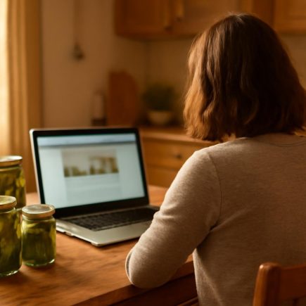 personne-table-bocaux-cornichons-ordinateur