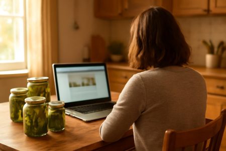 personne-table-bocaux-cornichons-ordinateur
