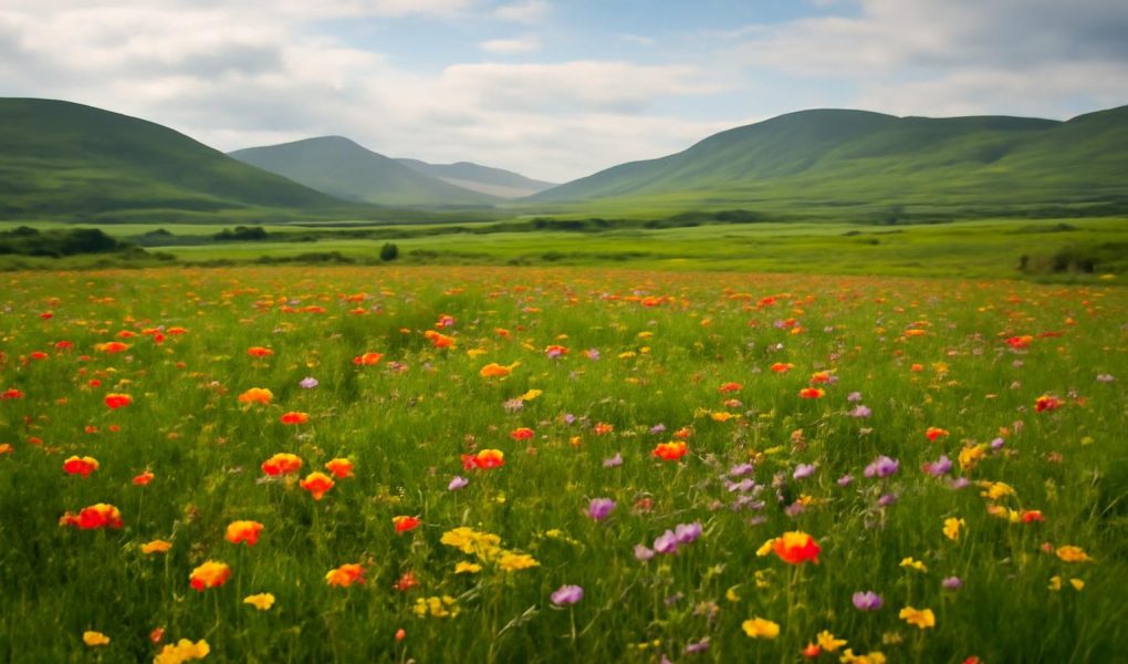 champ-verdoyant-fleurs-collines-ciel-nuageux