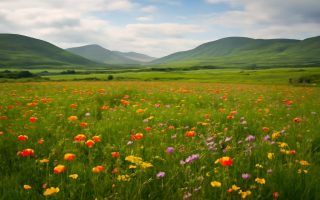 champ-verdoyant-fleurs-collines-ciel-nuageux
