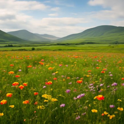 champ-verdoyant-fleurs-collines-ciel-nuageux