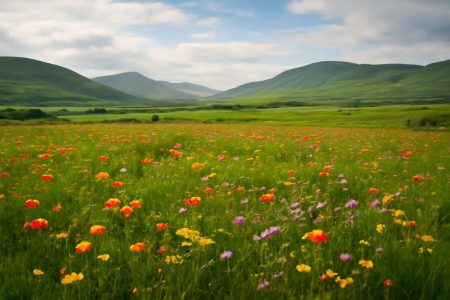 champ-verdoyant-fleurs-collines-ciel-nuageux