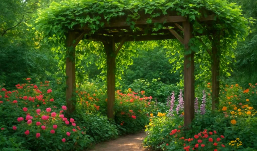 jardin-pergola-bois-fleurs-feuillage