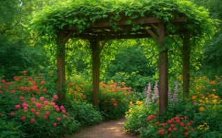 jardin-pergola-bois-fleurs-feuillage