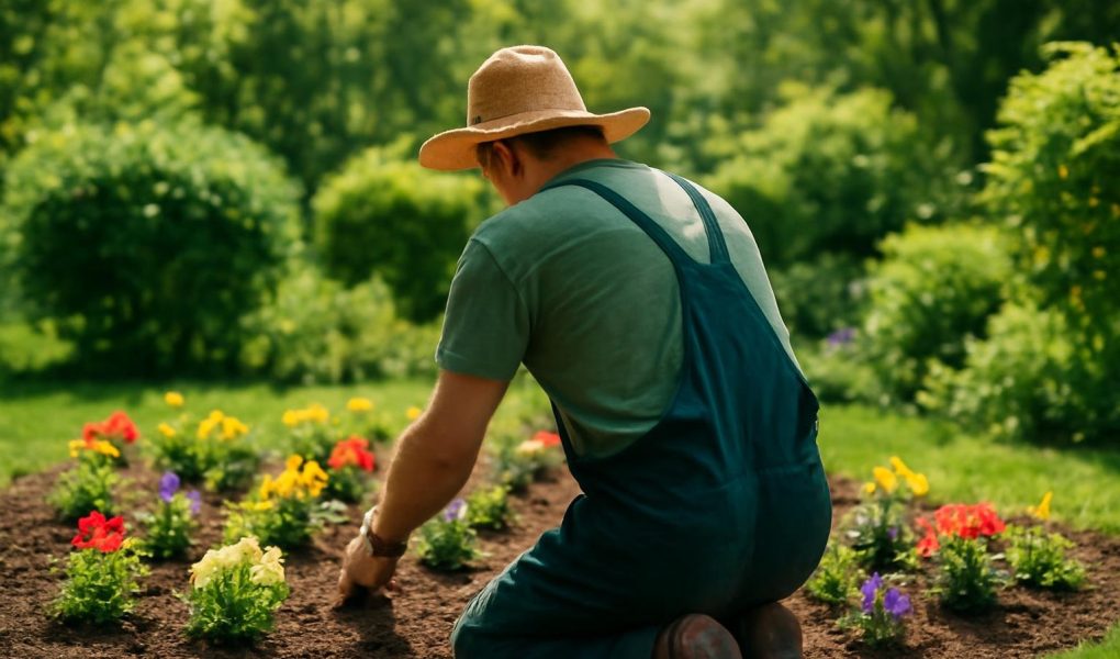 jardinier-plantant-fleurs-jardin-luxuriant