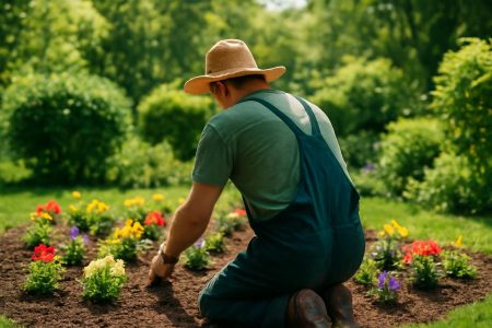 jardinier-plantant-fleurs-jardin-luxuriant