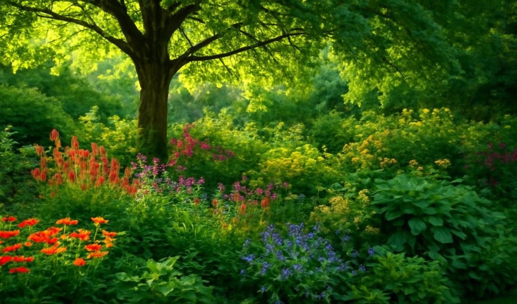 jardin-luxuriant-arbre-feuillu-lumiere-soleil