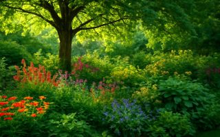 jardin-luxuriant-arbre-feuillu-lumiere-soleil