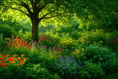 jardin-luxuriant-arbre-feuillu-lumiere-soleil